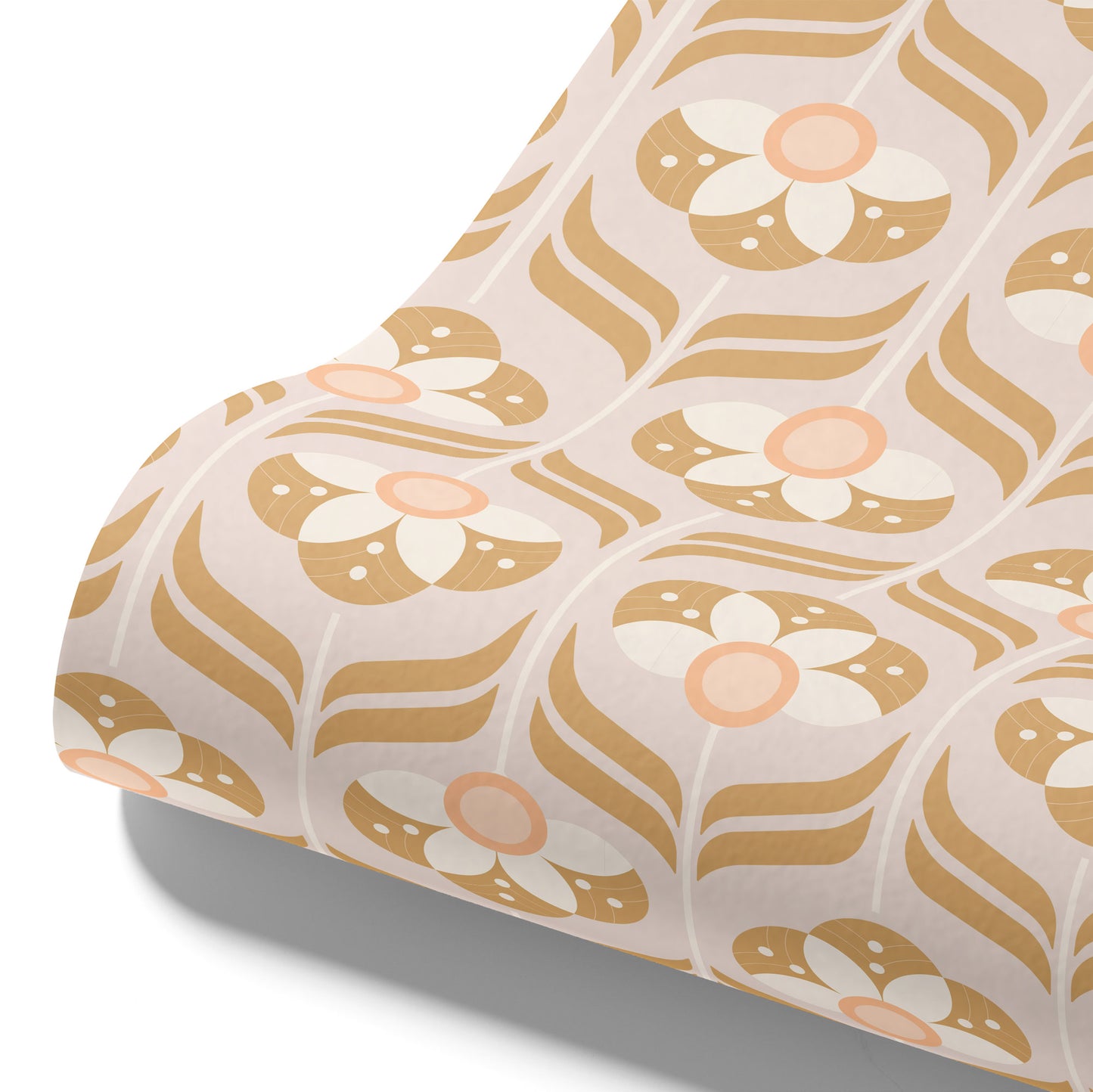 Maßangefertigte Vliestapete Honey Blossom mit retro floralem 70er-Jahre Boho-Stil in warmen Erdtönen im Esszimmer.