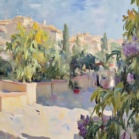 Maßangefertigte Vliestapete mit mediterraner Landschaft und pastellfarbenen Häusern im Esszimmer.