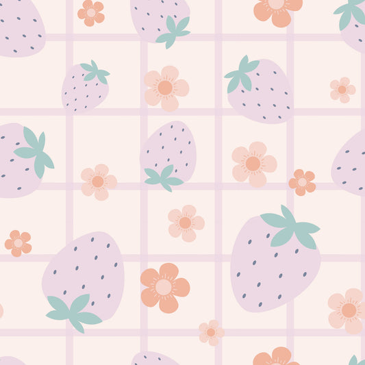 Maßangefertigte Vliestapete mit kariertem Blumen- und Erdbeermuster in zarten Pastellfarben im Schlafzimmer.