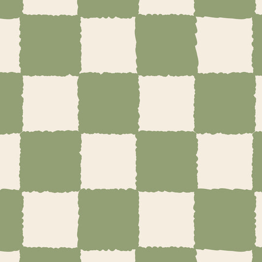 Maßangefertigte Vliestapete mit grün-weiß kariertem Muster im Schlafzimmer mit rosa Bettwäsche.