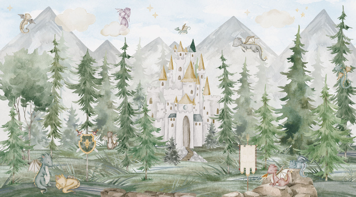 Maßangefertigte Vliestapete mit Aquarell-Drachenwald, Schloss, Tannen und fantastischen Tieren.