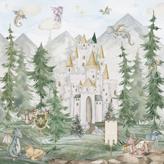 Maßangefertigte Vliestapete mit Aquarell-Drachenwald, Schloss, Tannen und fantastischen Tieren.