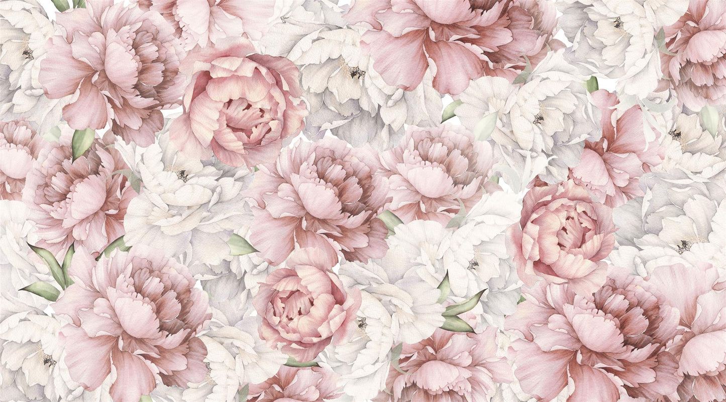 Maßangefertigte Vliestapete mit rosa und weißen Pfingstrosen in Aquarell für Schlafzimmer.