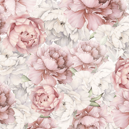 Maßangefertigte Vliestapete mit rosa und weißen Pfingstrosen in Aquarell für Schlafzimmer.