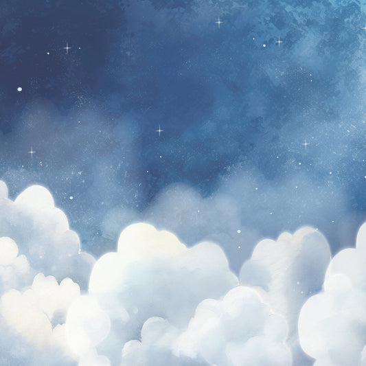 Kinderzimmer mit maßangefertigter Vliestapete in Aquarell-Design, blauer Himmel mit Wolken und Sternen.