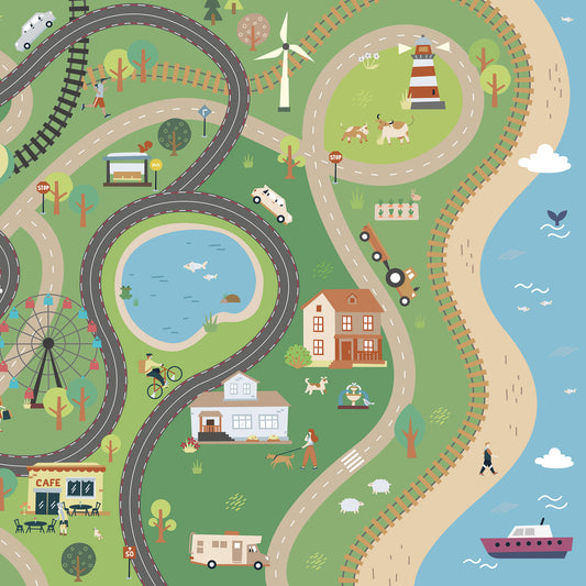 Kindertapete Spielstraße Landschaft mit Maßenfertigter Vliestapete, Pastellfarben, Autos, Bus, Fahrrad, Riesenrad und Teich.