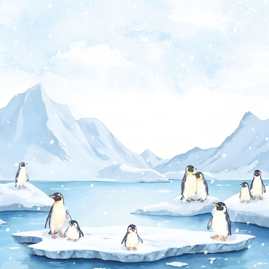 Maßangefertigte Vliestapete mit Aquarell-Pinguinen und antarktischer Schneelandschaft im Kinderzimmer.