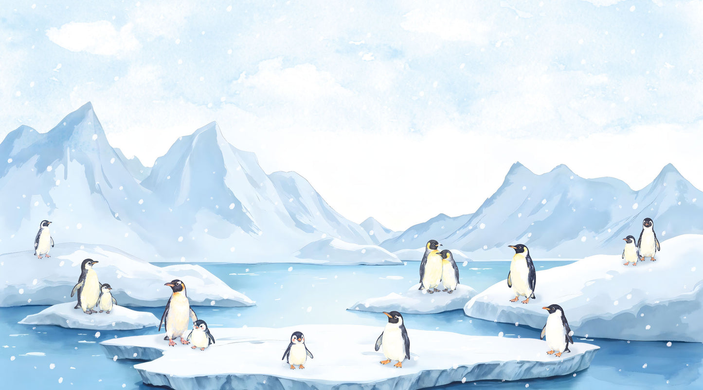 Maßangefertigte Vliestapete mit Aquarell-Pinguinen und antarktischer Schneelandschaft im Kinderzimmer.