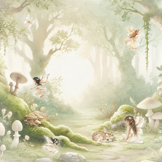 Maßangefertigte Vliestapete mit pastellfarbenem Feenwald, Pilzen, Schmetterlingen und Rehen für Kinderzimmer.