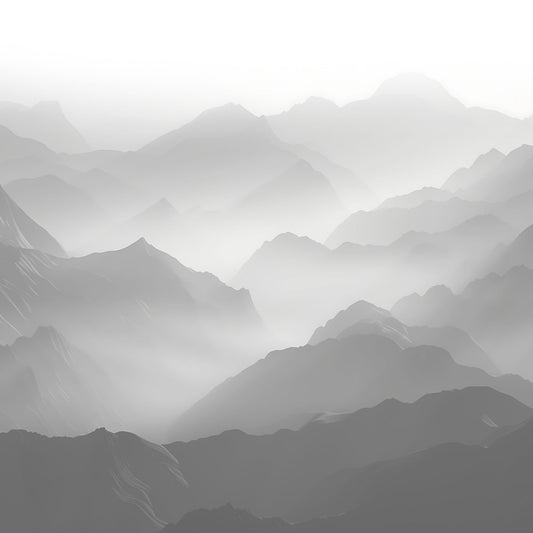 Maßangefertigte Vliestapete mit Aquarell-Berglandschaft und Nebel im minimalistischen Esszimmer.