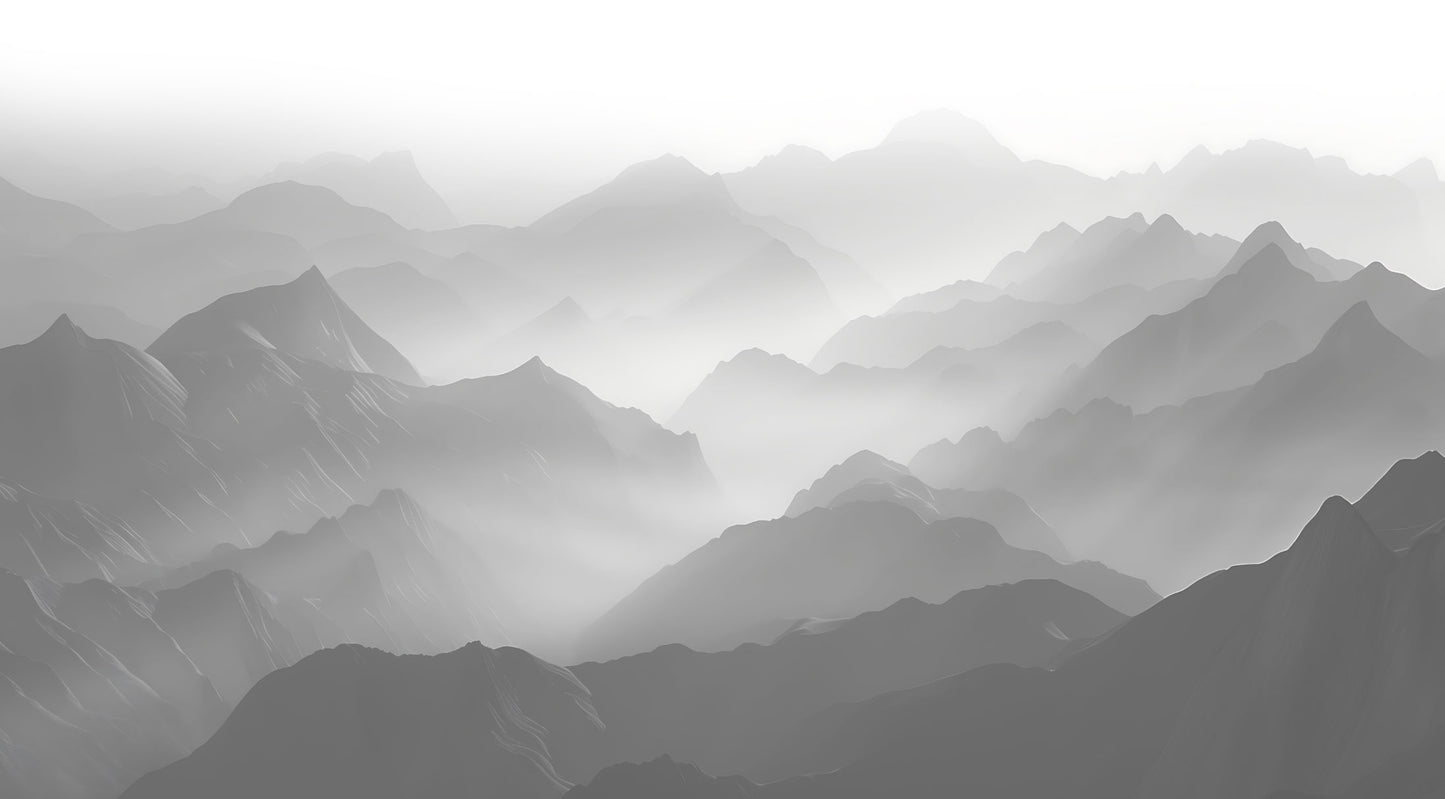 Maßangefertigte Vliestapete mit Aquarell-Berglandschaft und Nebel im minimalistischen Esszimmer.