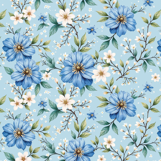 Maßangefertigte Vliestapete mit blauen Blumen und grünen Blättern im modernen Wohnzimmer.