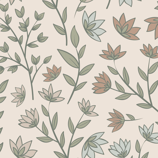 Maßangefertigte Vliestapete mit zartem, pastellfarbenem Blumen- und Blättermuster in neutralem Baby- oder Kinderzimmer.