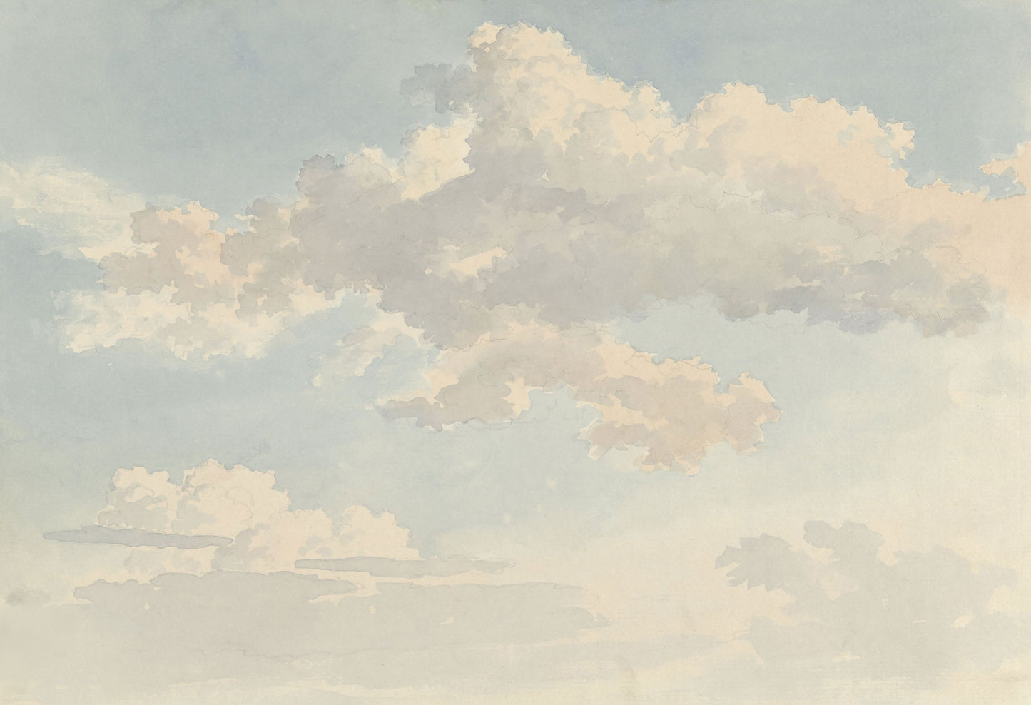 Maßangefertigte Vliestapete mit pastellblauen und beige Wolken in Aquarelloptik im Esszimmer.