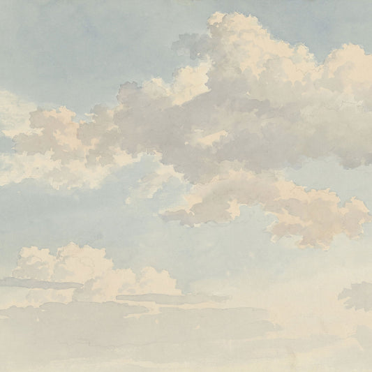 Maßangefertigte Vliestapete mit pastellblauen und beige Wolken in Aquarelloptik im Esszimmer.