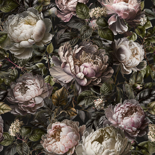 Maßangefertigte Vliestapete mit großen pastellfarbenen Pfingstrosen und grünen Blättern in vintage Stil.