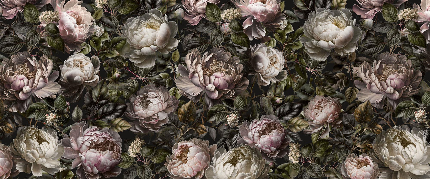 Maßangefertigte Vliestapete mit großen pastellfarbenen Pfingstrosen und grünen Blättern in vintage Stil.