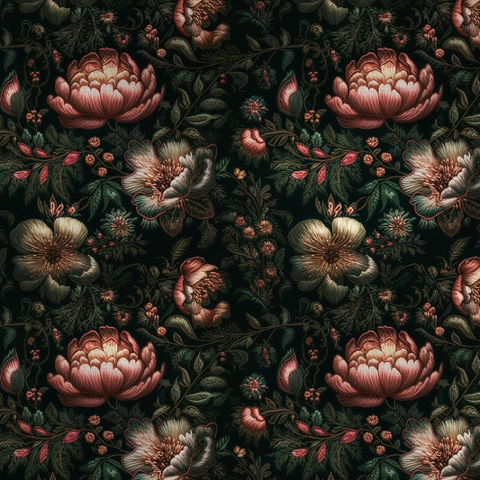 Maßangefertigte Vliestapete mit dunklem, floralem Blumen- und Blätter-Stickmuster in Wohnzimmer-Esszimmereinrichtung.