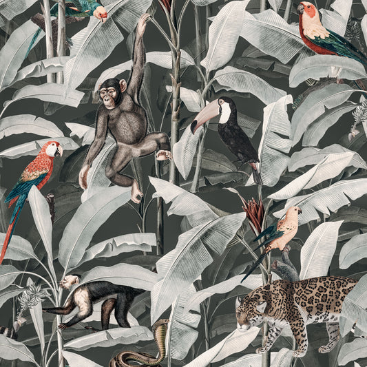 Maßangefertigte Vliestapete mit tropischem Dschungelmuster, Affen, Leoparden und Papageien in gedeckten Grüntönen im.