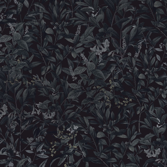 Maßangefertigte Vliestapete mit dunklem Pflanzenmuster, moderne Wohnzimmerwandgestaltung.