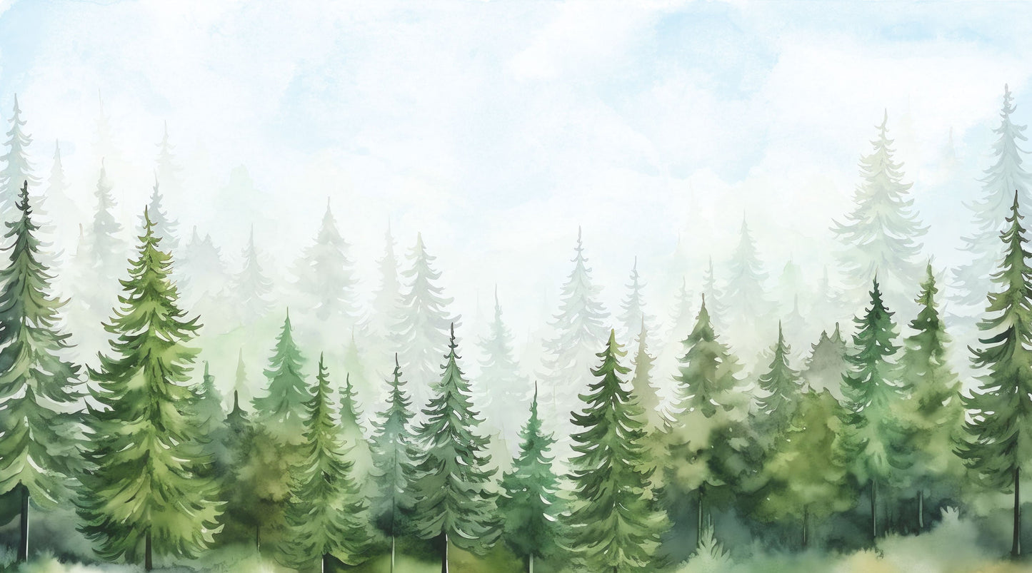 Maßangefertigte Vliestapete mit aquarelliertem Tannenwald in sanften Grüntönen im Kinderzimmer.