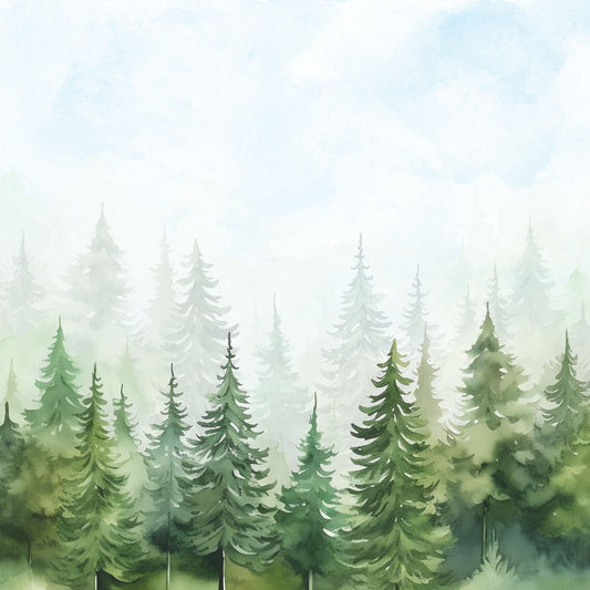 Maßangefertigte Vliestapete mit aquarelliertem Tannenwald in sanften Grüntönen im Kinderzimmer.