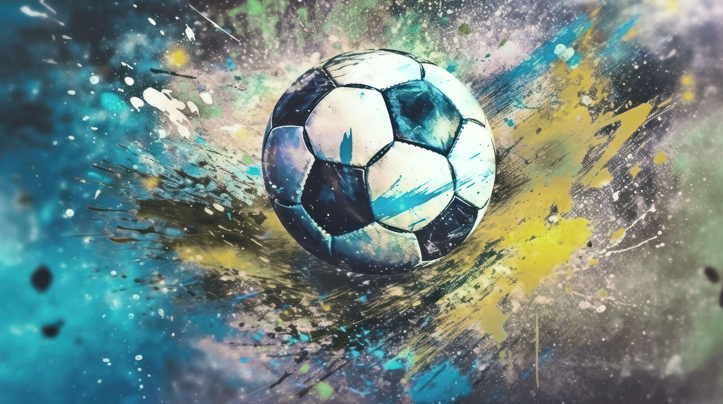 Maßangefertigte Vliestapete mit großem Aquarell-Fußball in buntem Graffiti-Stil im Kinderzimmer.
