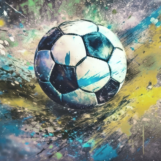 Maßangefertigte Vliestapete mit großem Aquarell-Fußball in buntem Graffiti-Stil im Kinderzimmer.