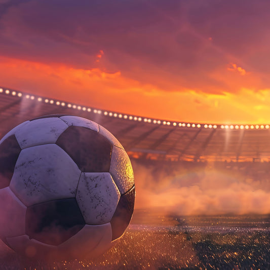 Maßangefertigte Vliestapete mit Fußballstadion, Spielfeld und Sonnenuntergang im Kinderzimmer.