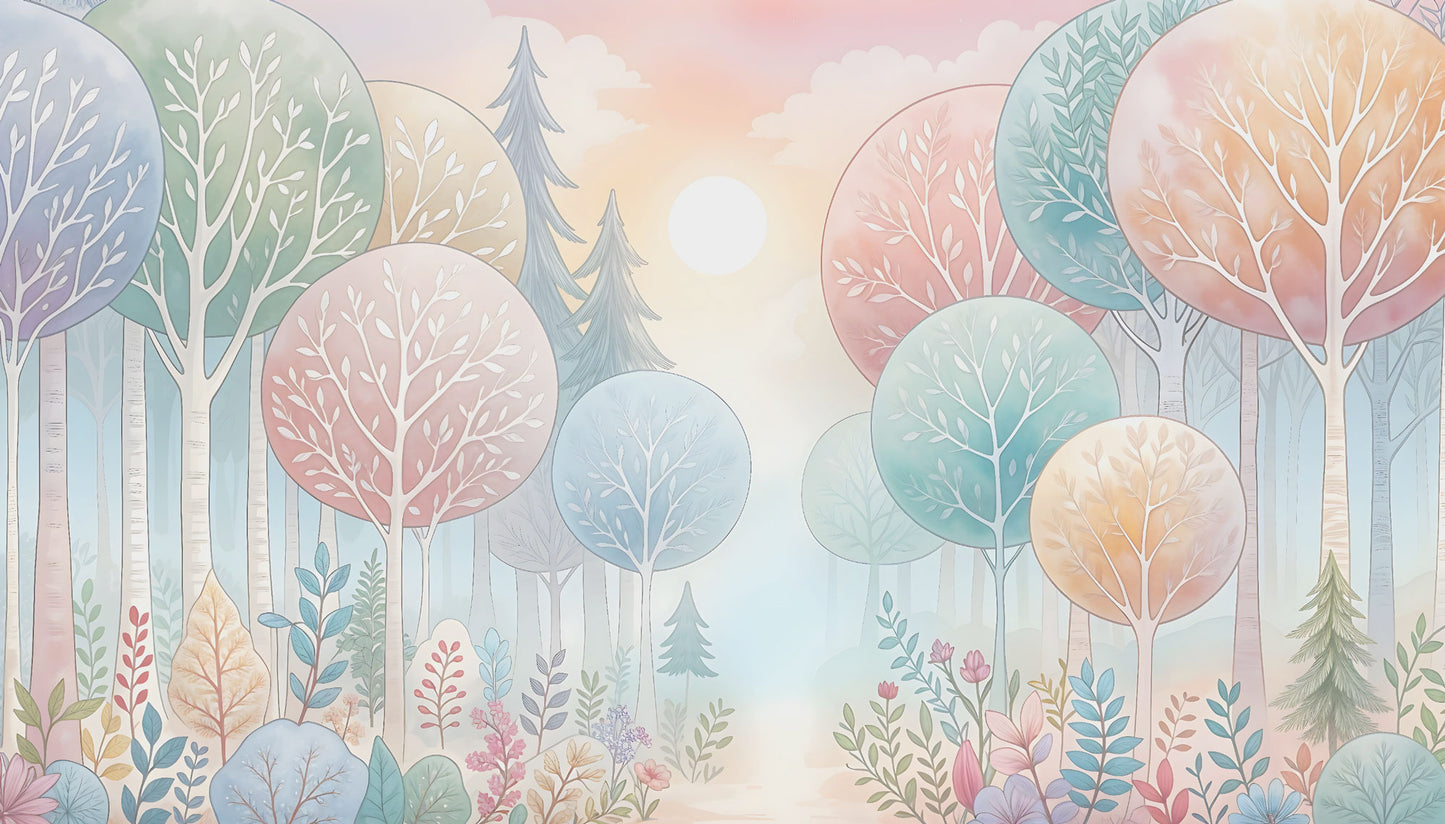 Maßangefertigte Vliestapete mit pastellfarbenem Aquarell-Lichterwald und abstrakten Bäumen im Kinderzimmer.