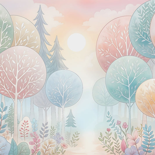 Maßangefertigte Vliestapete mit pastellfarbenem Aquarell-Lichterwald und abstrakten Bäumen im Kinderzimmer.