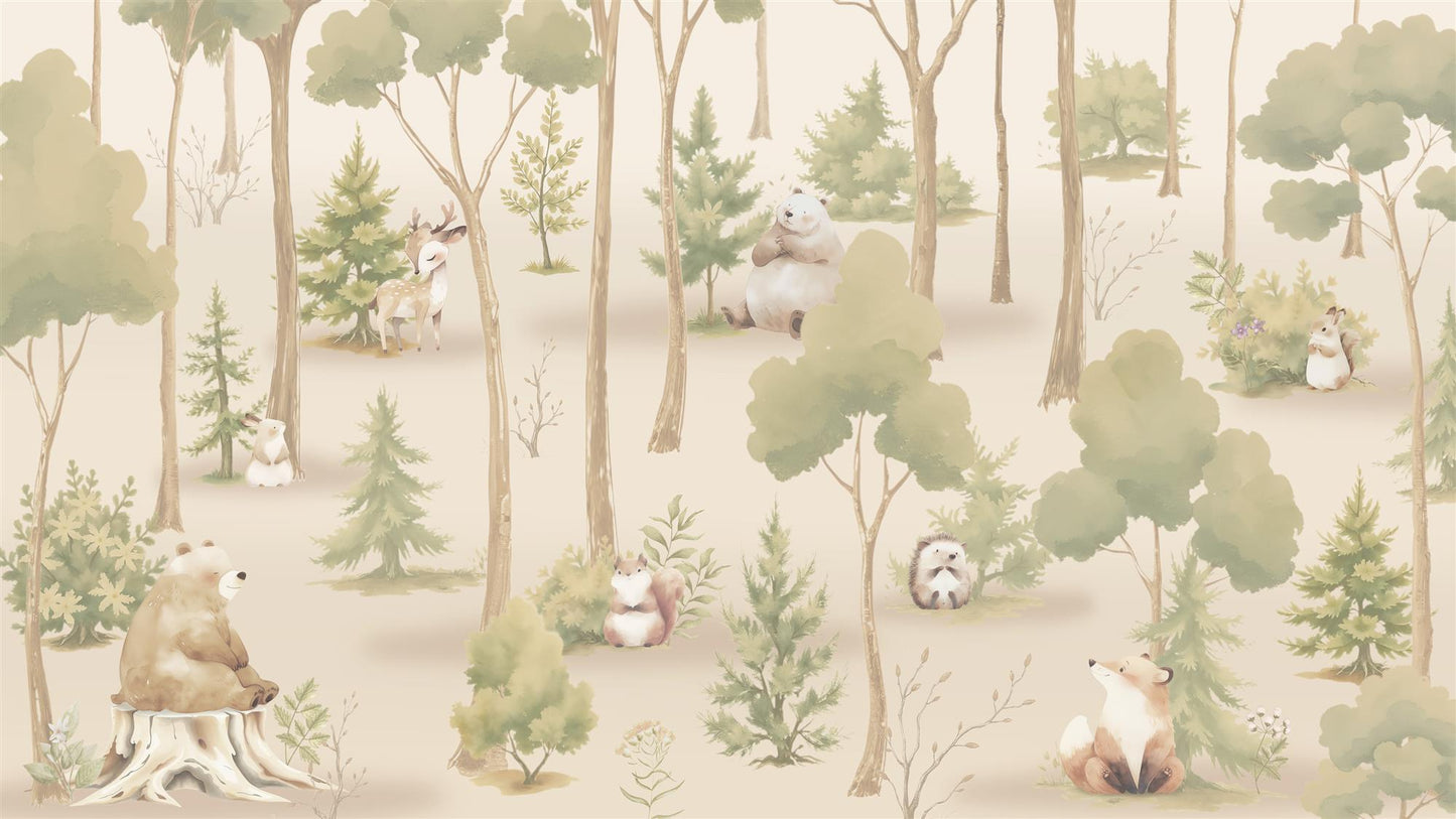 Maßangefertigte Vliestapete mit pastellfarbenem Waldmotiv, Bären, Füchsen, Igeln und Häschen in Babyzimmer.