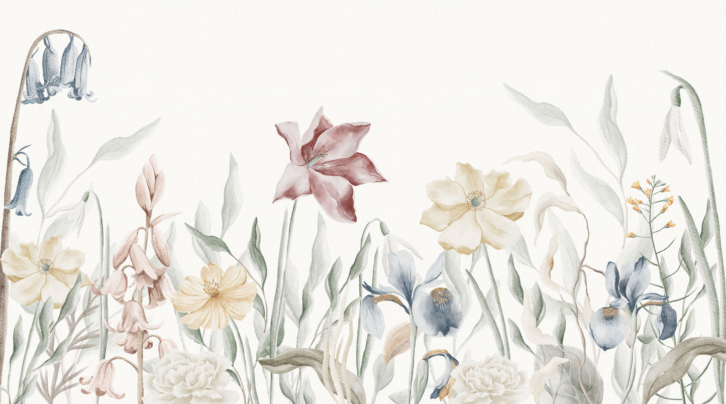 Maßangefertigte Vliestapete mit pastellfarbenen Aquarellblumen und grünen Blättern im Kinderzimmer.