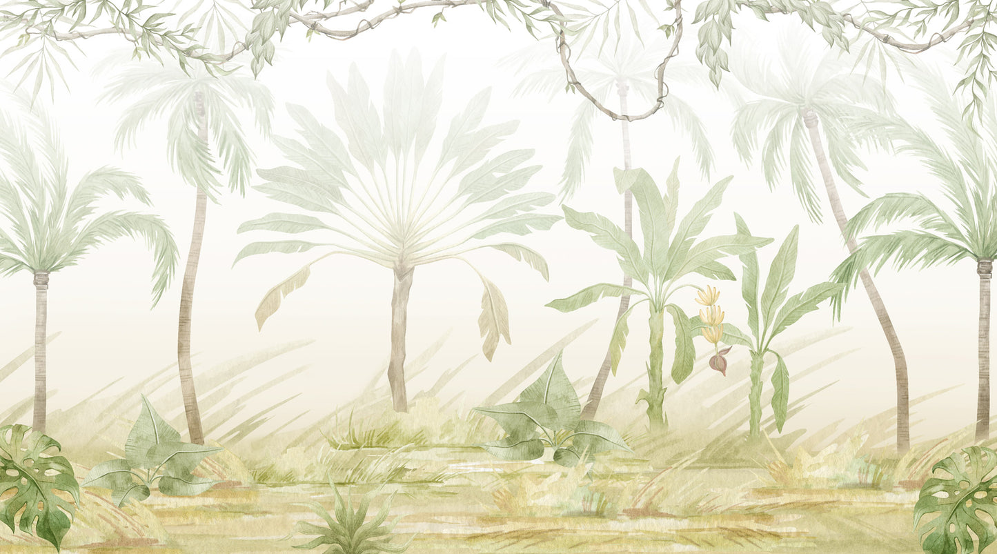 Maßangefertigte Vliestapete mit pastellfarbener Safari-Landschaft aus Blättern, Palmen und Gräsern im Kinderzimmer.