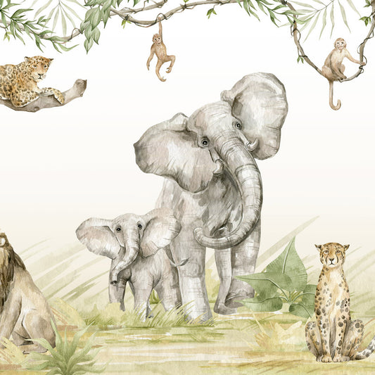 Maßangefertigte Vliestapete mit Aquarell-Safari-Motiv, Elefanten, Geparden und Affen an Lianen in Pastellfarben.
