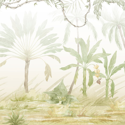 Maßangefertigte Vliestapete mit pastellfarbener Safari-Landschaft aus Blättern, Palmen und Gräsern im Kinderzimmer.