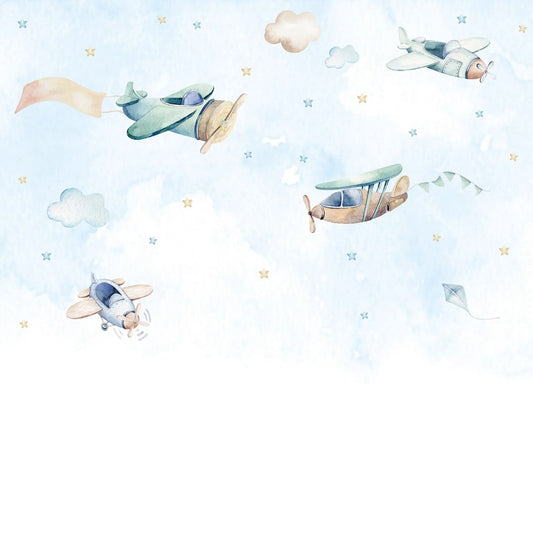 Maßangefertigte Vliestapete mit aquarellierten Flugzeugen, Wolken und Sternen für Kinderzimmer.
