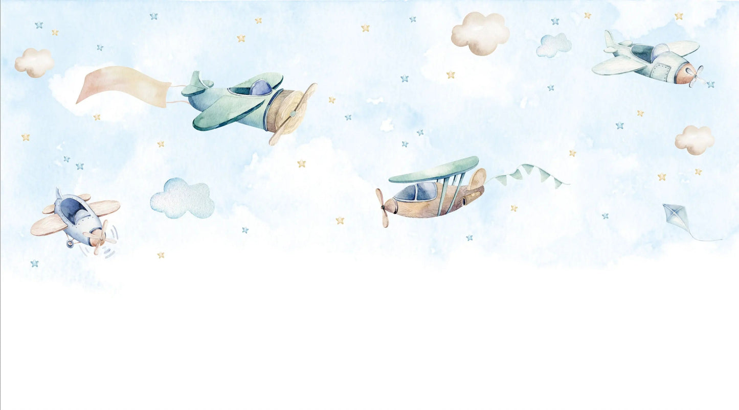 Maßangefertigte Vliestapete mit aquarellierten Flugzeugen, Wolken und Sternen für Kinderzimmer.