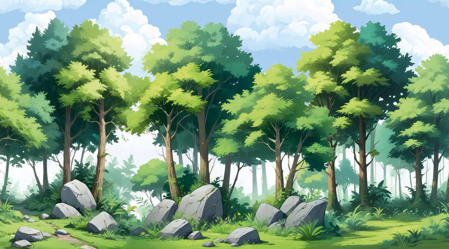 Maßangefertigte Vliestapete mit comicartigem Waldmotiv, grünen Bäumen und Felsen für Kinderzimmer.