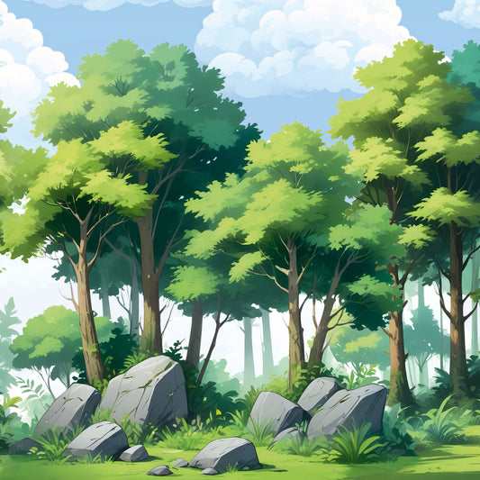 Maßangefertigte Vliestapete mit comicartigem Waldmotiv, grünen Bäumen und Felsen für Kinderzimmer.