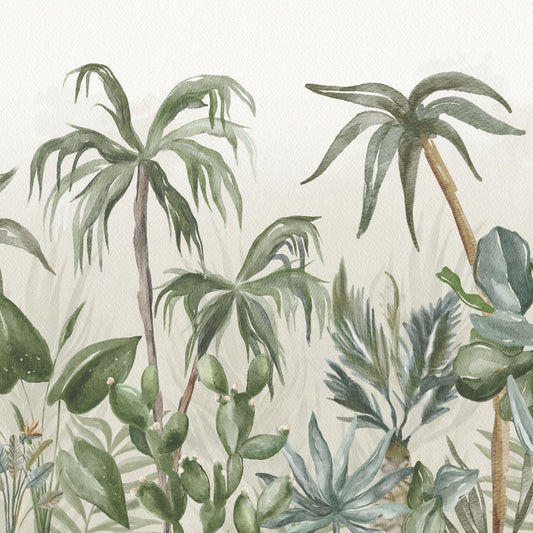 Maßangefertigte Vliestapete mit pastellfarbenen Palmen und Blättern für Kinderzimmer.