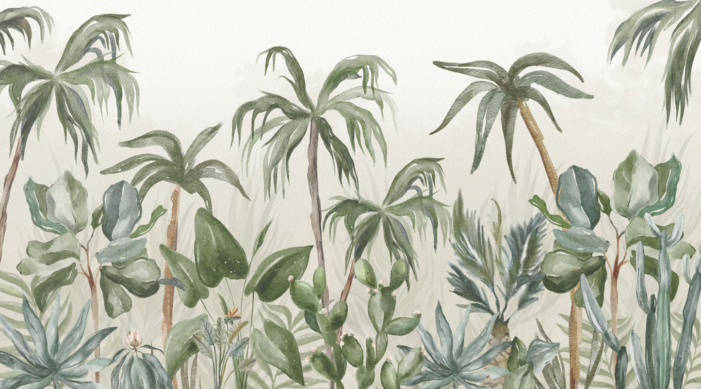 Maßangefertigte Vliestapete mit pastellfarbenen Palmen und Blättern für Kinderzimmer.