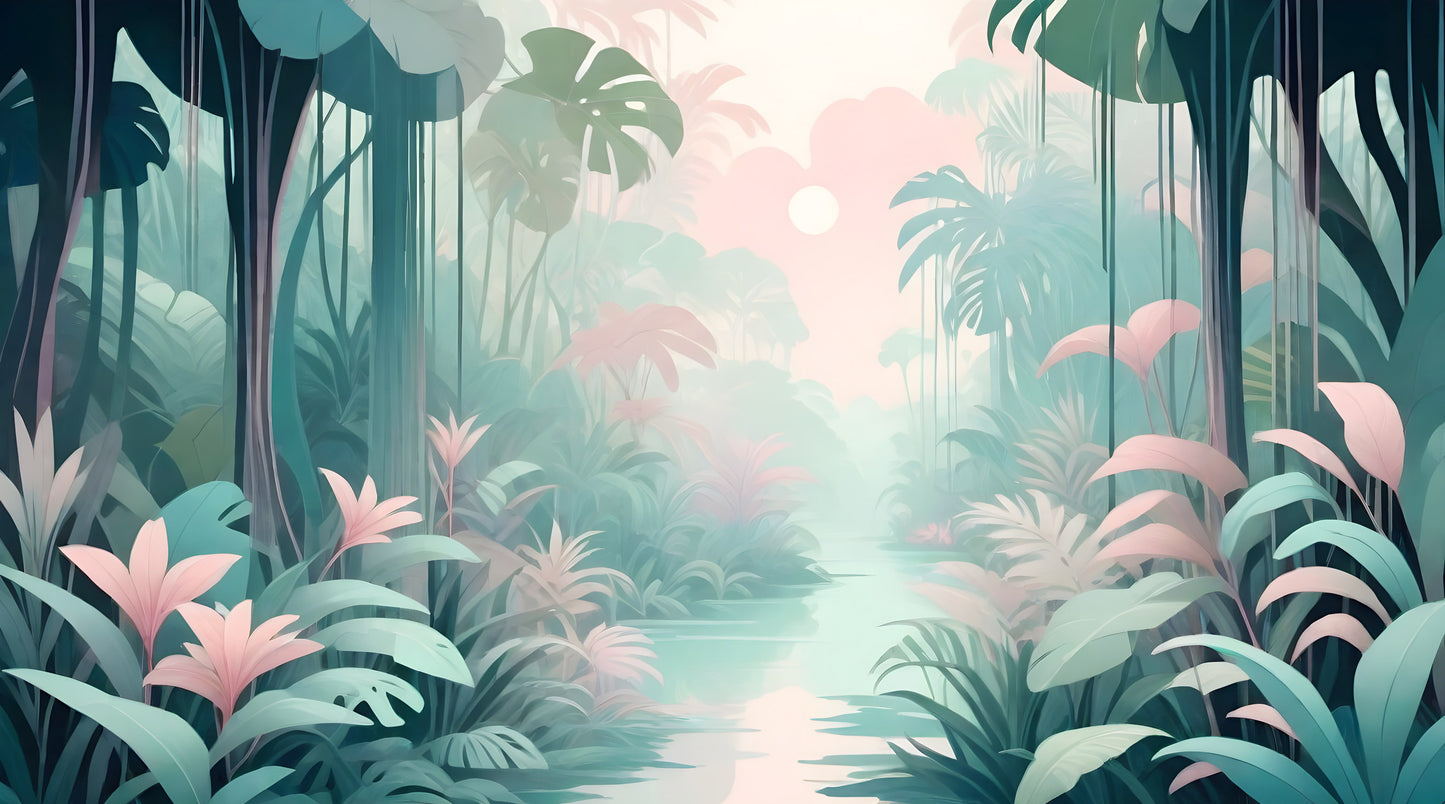 Maßangefertigte Vliestapete mit pastellfarbenem Dschungel, Pflanzen und Fluss für Kinderzimmer.