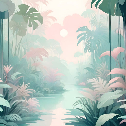 Maßangefertigte Vliestapete mit pastellfarbenem Dschungel, Pflanzen und Fluss für Kinderzimmer.