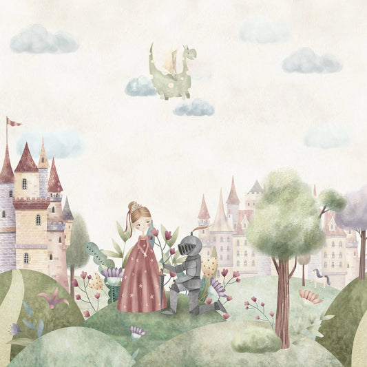 Maßangefertigte Vliestapete mit Märchenmotiv, Prinzessin, Ritter und Burg in Aquarellpastellfarben.
