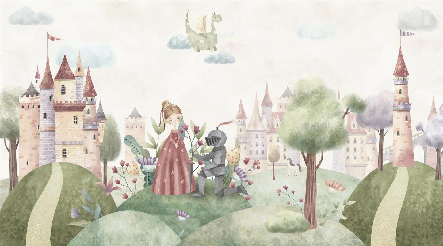 Maßangefertigte Vliestapete mit Märchenmotiv, Prinzessin, Ritter und Burg in Aquarellpastellfarben.