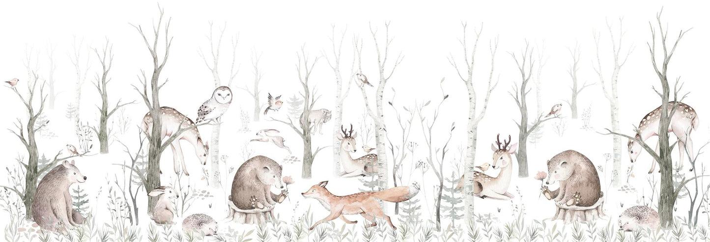 Maßangefertigte Vliestapete mit aquarellierten Herbstwald-Tieren wie Bär, Eule, Fuchs, Hase und Rehen in Pastellfarben fürs.