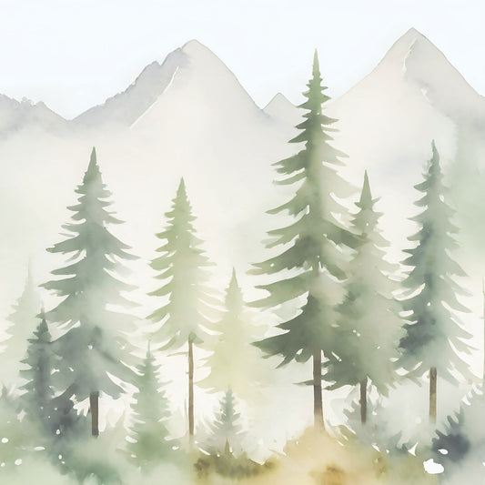 Maßangefertigte Vliestapete mit Aquarell-Nebelwald, Tannen und Bergen in Pastell für Kinderzimmer.