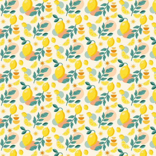 Maßangefertigte Vliestapete mit gelben Zitronen und grünen Blättern, pastellfarbenes botanisches Muster in moderner Küche.