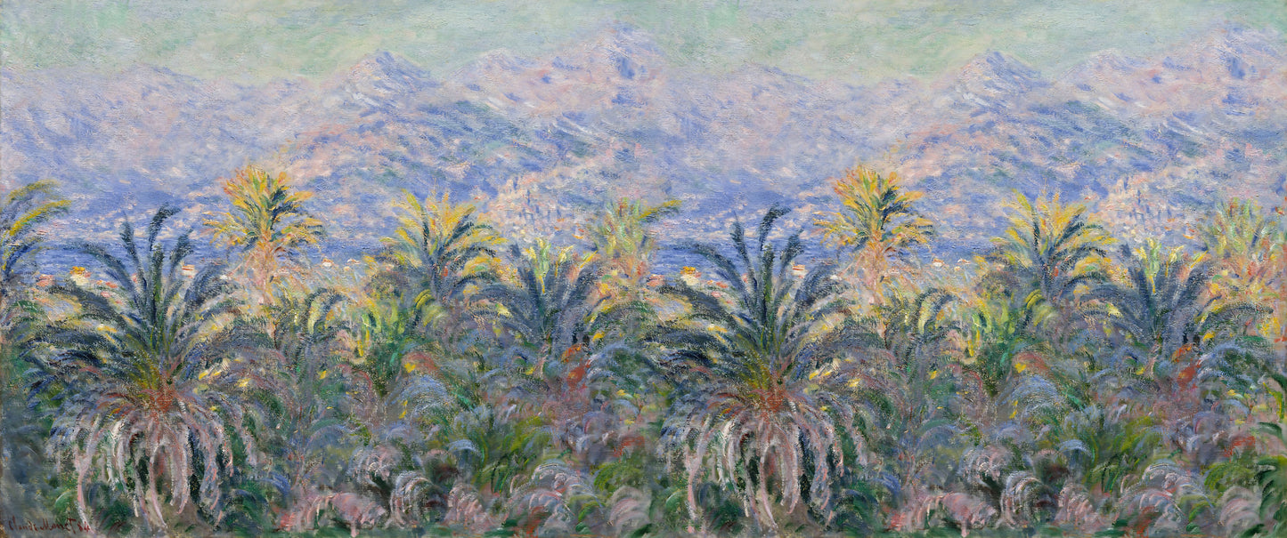 Maßangefertigte Vliestapete mit buntem Aquarell-Palmenmotiv im Stil von Monet.